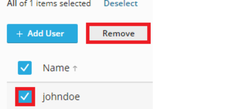 Click the checkbox next to the username, then click 'Remove' and confirm the removal by clicking 'Yes, remove'.