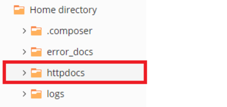 Click the name of the desired folder. The home folder is '/httpdocs'. Click the name of the desired folder. The home folder is '/httpdocs'.